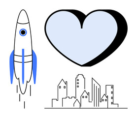Innovation, urban lifestyle, technological dreams, creativity, growth, community. A rocket, heart and city skyline with simple lines and shapes. Innovation and urban lifestyle theme