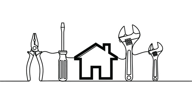Tools and house icon connected, representing home repair and renovation services