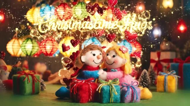 Cute wool animation of children open fuzzy presents under a lanterned tree, stitched hearts rising