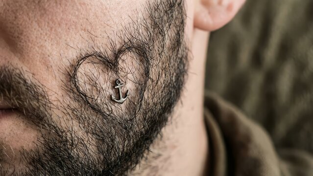 Abstract beard close-up with glowing heart, anchor, compass and gear icons, symbolizing love, direction and hard work.