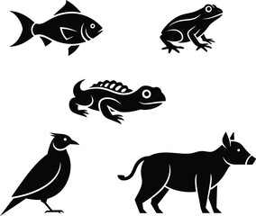 Five vertebrate animals fish, frog, lizard, bird, and mammal icons silhouettes set.