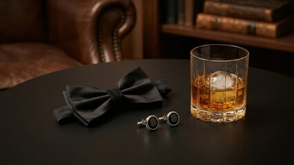 Elegant black tie accessories with a glass of whiskey on dark slate background, symbol of classy evening style and luxury.