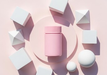 Pink insulated bottle surrounded by white geometric shapes on soft pink background
