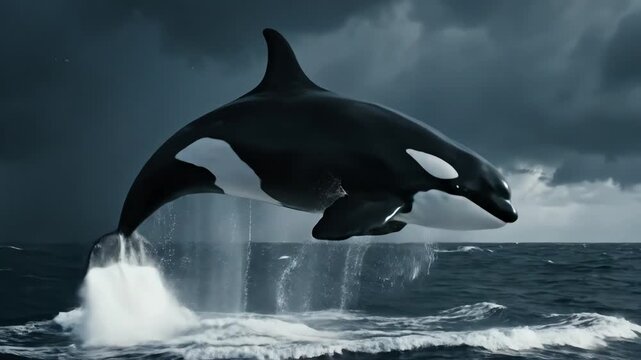 Orca whale jumping out of the ocean against a dark sky