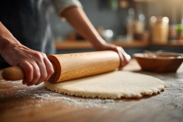 Hands roll out dough on wooden table in kitchen during baking session in the evening