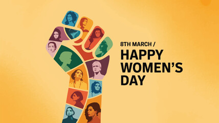 Happy womens day march 8th celebration with diverse female faces forming a powerful fist