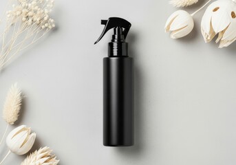 Matte black cosmetic spray bottle on light gray background with dried botanical accents
