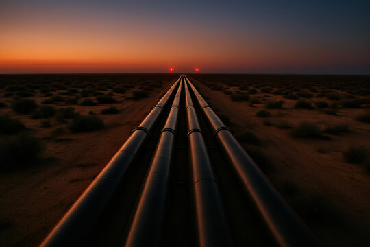 Four parallel oil pipeline crossing desert at sunset with glowing horizon and distant warning lights, atmospheric warm sky and low scrub vegetation creating moody industrial landscape
