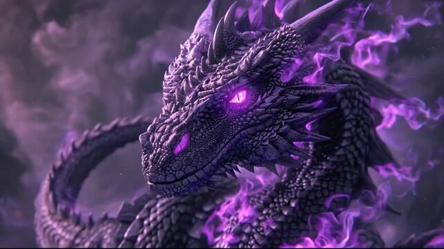 Majestic purple dragon portrait with glowing eyes and mystical energy.