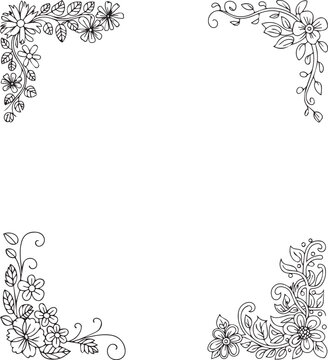 Beautiful floral pattern border frame for coloring book, Hand drawn decorative black outline vector illustration for printing designs