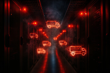Neon red truck icons floating in smoky server room aisle symbolize cybersecurity threat to logistics and delivery network, dramatic lighting and ominous atmosphere evoke risk and urgency