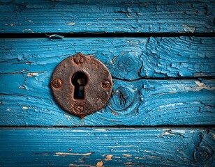 Old wooden door with blue peeling paint and a rusty antique keyhole detail