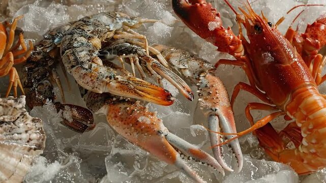 Fresh cooked lobsters and langoustines on crushed ice display.