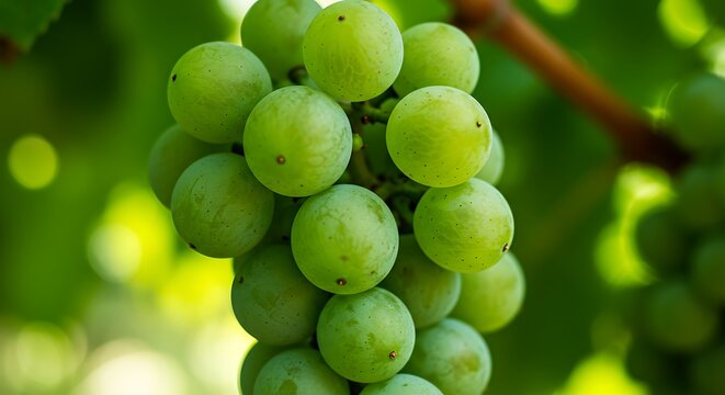 Close up of a bunch of unripe green grapes hanging from a vine. - Powered by Adobe