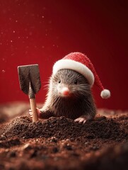 Niedlicher Maulwurf mit Weihnachtsm&uuml;tze und Schaufel