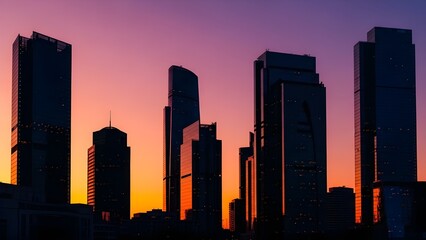 A modern city skyline at sunset, captured in a clean PNG with a transparent background. The silhouette of sleek skyscrapers is set against a vibrant gradient sky of orange, pink, and purple. The glass