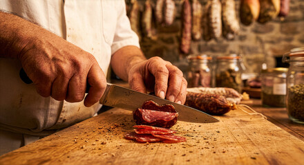 A man is cutting sausage on a wooden cutting board. The meat is cut into small pieces. Several jars are placed on the counter, one of which has a lid.