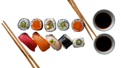 Assortment of fresh sushi rolls and nigiri with soy sauce and chopsticks isolated on transparent background