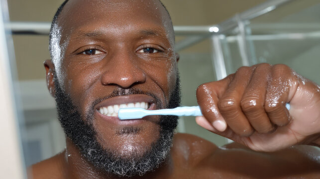 Man cleaning teeth a close-up of a man brushing his teeth at a bathroom mirror