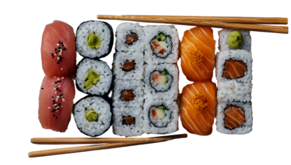 Assortment of delicious sushi rolls and nigiri on a black background isolated on transparent background
