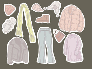 Winter fashion clothes things jacket scarf hat New Year fashion style women's fashion accessories sheepskin coat hand-drawn