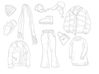 Winter fashion clothes things jacket scarf hat New Year fashion style women's fashion accessories sheepskin coat hand-drawn