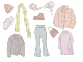 Winter fashion clothes things jacket scarf hat New Year fashion style women's fashion accessories sheepskin coat hand-drawn