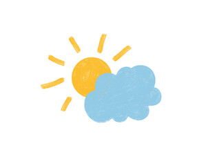 Hand drawn sun partially hidden by a blue cloud, isolated on white background