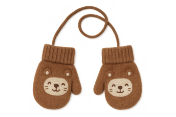 Brown knitted children's mittens featuring a cute bear face design and ribbed cuffs, connected by a string, isolated on transparent background