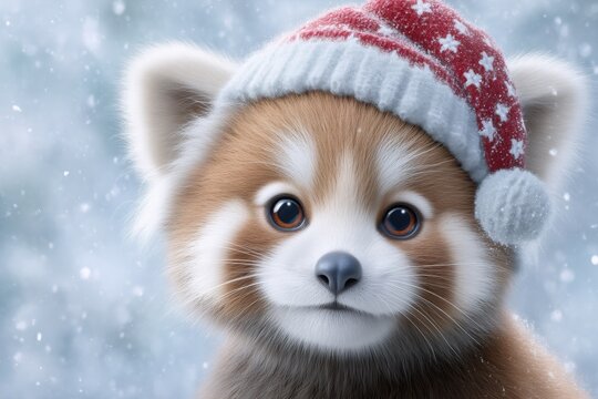 Cute red panda wearing a red and white Santa hat with stars and pompom. Animal portrait with falling snow, winter holiday Christmas theme.