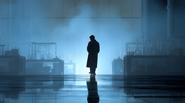 Intriguing silhouette of scientist standing pensively in advanced laboratory setting, perhaps contemplating groundbreaking research or innovative discovery