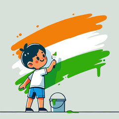 Flat Illustration of Boy Painting Indian Flag with Brush and Paint Bucket on White Background