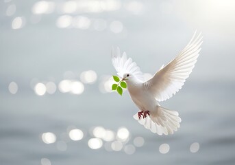 Fototapeta premium Peace Dove Carrying Olive Branch Flying Over Sparkling Water. Generative Ai