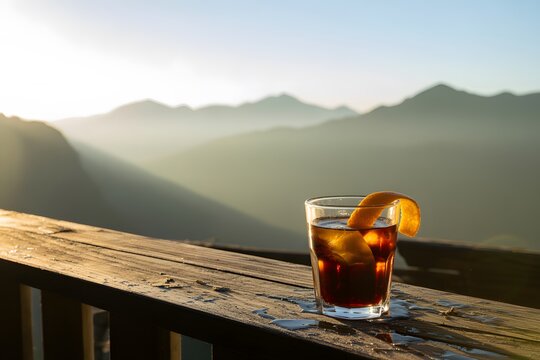 Cocktail with orange peel on wooden deck overlooking misty mountains at sunrise drink beverage