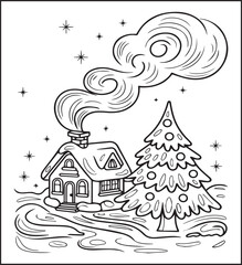 Obraz premium Kawaii Christmas tree in front of gingerbread house coloring page for kids, black line art vector illustration for holiday crafts and activities design 