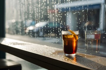 Dark cocktail with orange peel on wet windowsill with rain streaks drink glass