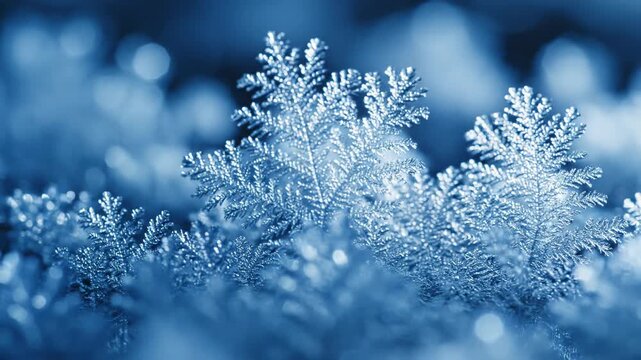Extreme close-up slow motion footage of microscopic ice crystals growing and intensely shimmering with cold blue light subtle, design, environment