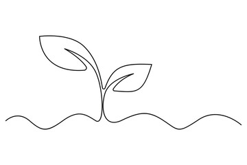 Hand drawn one line art of sprouting plant with leaves simple outline eco growth design
