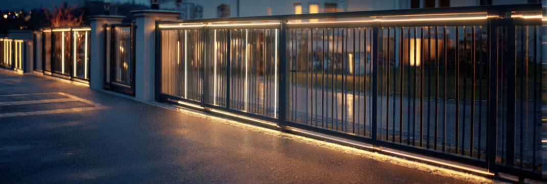 A high-tech gate featuring a fingerprint scanner and solar panels stands elegantly in a well-lit suburban area at night. The combination of metal and wood offers a sleek appearance, banner