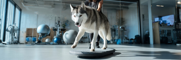 A husky is expertly navigating a climbing platform while being guided in a clean, modern indoor dog training space. This activity promotes exercise and strengthens mobility, banner