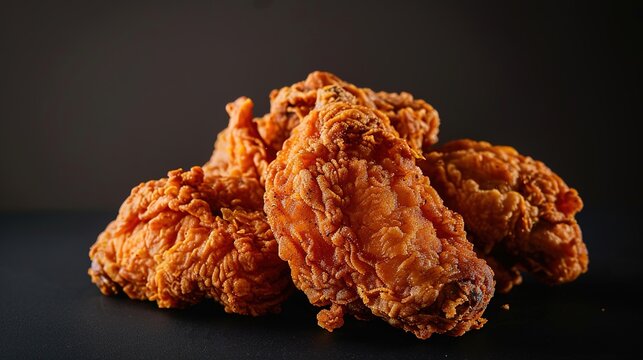 Crispy fried chicken pieces on dark background with golden breading and seasoning