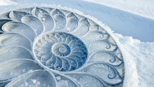 Nautilus shell pattern covered in sparkling snow and ice, showcasing natural geometry and winter beauty