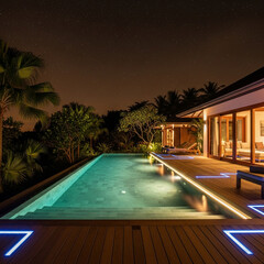 신혼여행지의 고급 풀빌라의 야간 모습