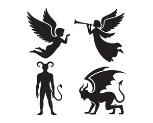 Obraz premium angel symmetrical wings, guardian angel kneeling prayer, angle with dove, horned demon large bat wings, tails, wingless demon, roaring demon Silhouette vector design illustration collection set