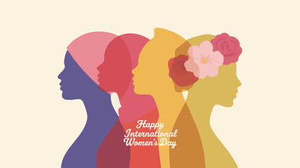 Happy international womens day greeting card with colorful overlapping female profiles and floral accents