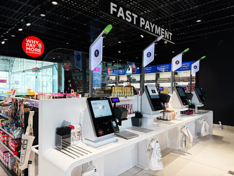 Fast payment checkout counters at a busy store near Warsaw Modlin Airport Nowy Dwor Mazowiecki Poland