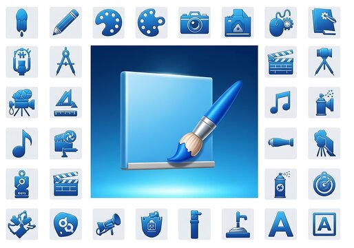 Collection of blue digital icons representing creative tools and media for software applications