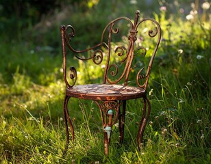 Ornate wrought iron chair, surrounded by lush greenery in a tranquil garden