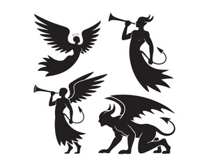 angel symmetrical wings, guardian angel kneeling prayer, angle with dove, horned demon large bat wings, tails, wingless demon, roaring demon Silhouette vector design illustration collection set