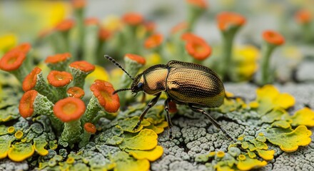 Shiny metallic leaf beetle exploring colorful moss and orange lichen cups